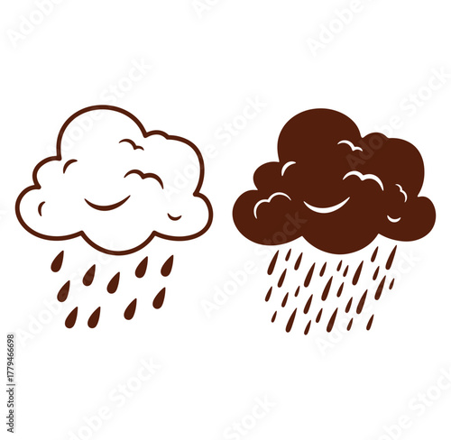 Brown and white illustration of two rain clouds with falling raindrops in vector format