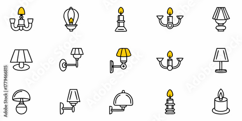 Illustration showing a variety of lighting fixtures including lamps, chandeliers, and candle holders neatly arranged