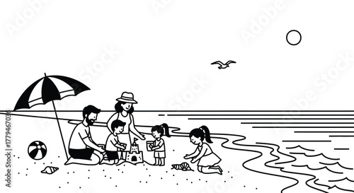 Family Vacation on Sandy Beach Seaside Scene