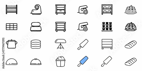 Illustration of various objects including furniture, food, and kitchen utensils displayed in rows