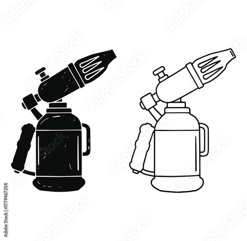 Detailed vector illustrations of a classic blow torch showing black and white outlines