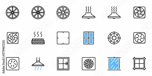 Collection of various outline icons depicting fans, windows, vents, and other household objects