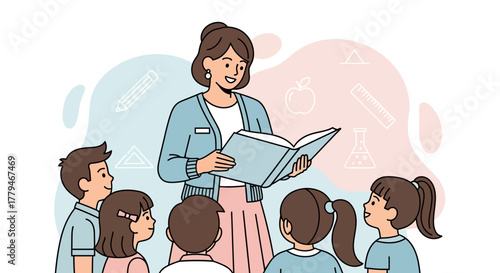 Teacher Reading A Book To Class, With Students Listening Attentively, Illustrative Scene