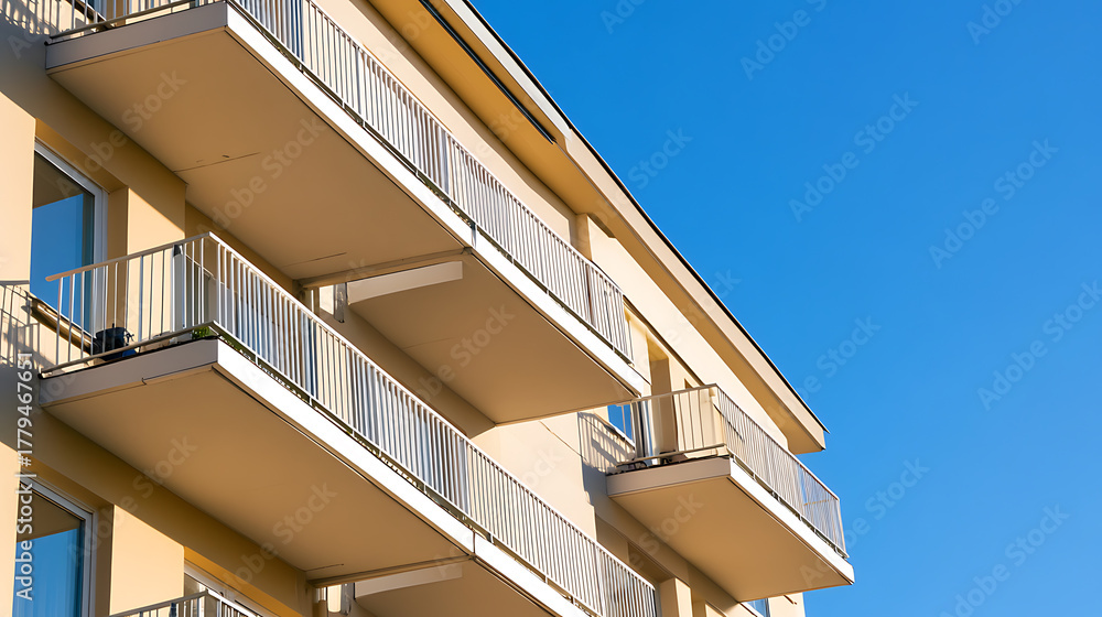 Fototapeta premium Contemporary architecture featuring staggered balconies with bright railings against a clear blue sky. Urban living with a sense of openness and modern design. Minimalist.
