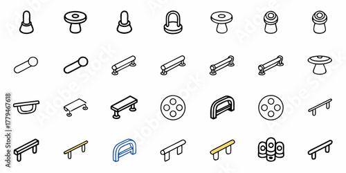 Collection of outlined furniture and hardware icons arranged in a grid pattern on a white background