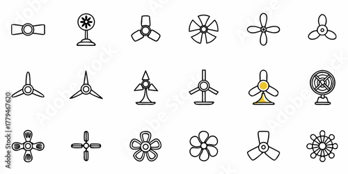 Illustration showing a variety of fans with different blade designs and stand types in a line art style