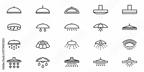 Collection of twenty different types of ceiling lights and lamps in a line art style drawing design
