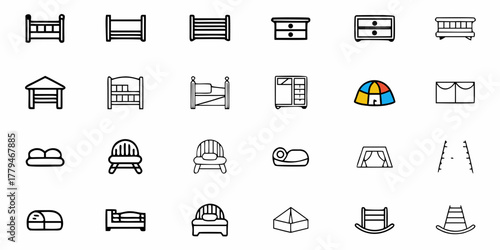 Illustration showing a variety of furniture items including beds chairs and tents in a simple line style