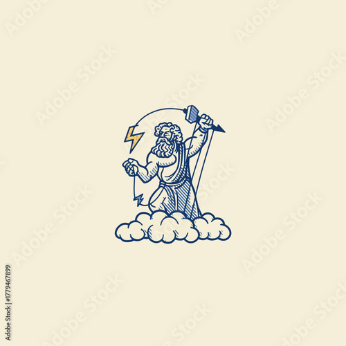 Stylized illustration of mythological figure with hammer and lightning