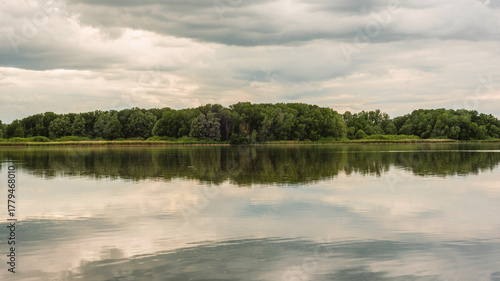 Calm Lake with Forest Reflection under Cloudy Sky