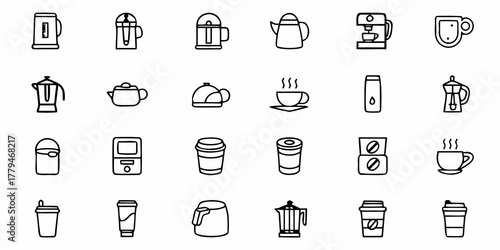 Collection of various coffee and tea related items including pots cups and machines in a line art style