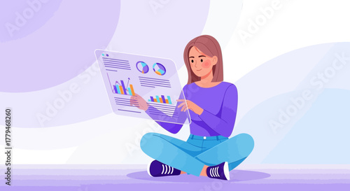 Woman Analyzing Data Charts on a Transparent Tablet, Modern Technology, Information Visualizations