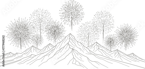Fireworks exploding over mountain range illustration on a dark night sky backdrop
