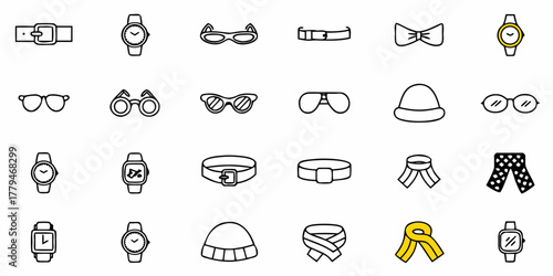 Illustration featuring an assortment of fashion accessories including watches belts scarves and eyewear items