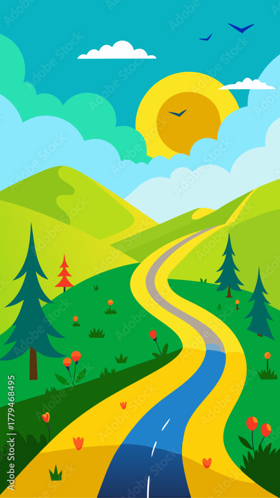 Obraz premium Illustration of a road through a hilly landscape