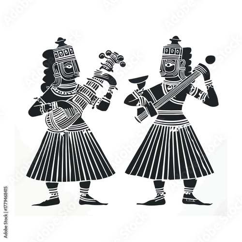 Stylized musicians performing with instruments against white background