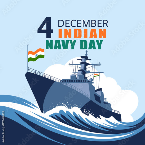 Indian navy day celebrated on december 4th with a naval ship sailing through waves, symbolizing maritime strength and national pride