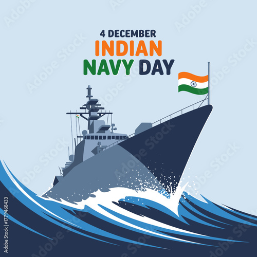 A powerful indian navy ship cuts through the ocean waves on indian navy day, december 4th, showcasing the nations maritime capabilities