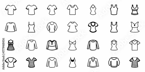 Collection of various outline style shirts and tops designs in a grid pattern on a white background