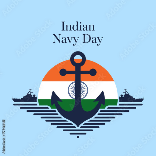 Anchor and indian flag symbolize indian navy day on december 4th, with silhouettes of naval ships in the background, representing maritime defense