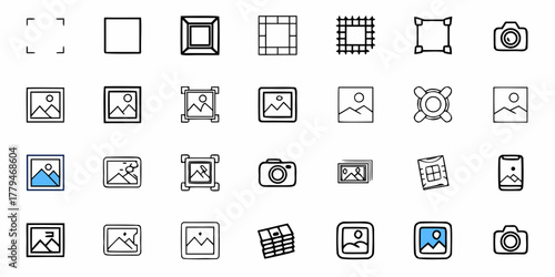 Collection of various photography and image editing icons in a grid arrangement format display