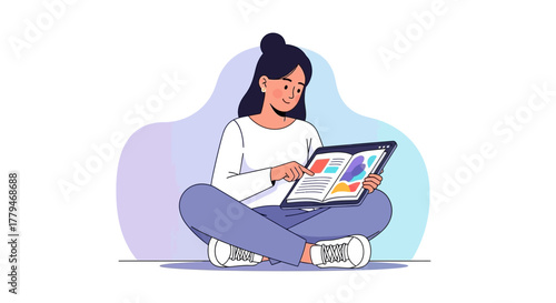 Woman Enjoying Reading, Cross-Legged, Absorbed By the Digital Book's Content