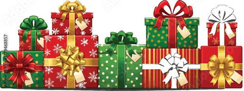 Stack of christmas presents with colorful ribbons and bows for holiday giving