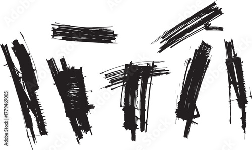 Brush set. Vector black paint brush spots, highlighter lines or felt-tip pen marker. Ink smudge abstract shape stains and smear set with texture	