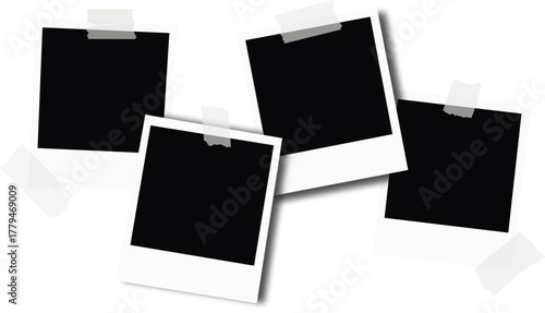 Realistic empty photo card frame, film set. Retro vintage photograph with transparent adhesive tape and paper clip. Digital snapshot image. Template or mockup for design. Vector illustration.