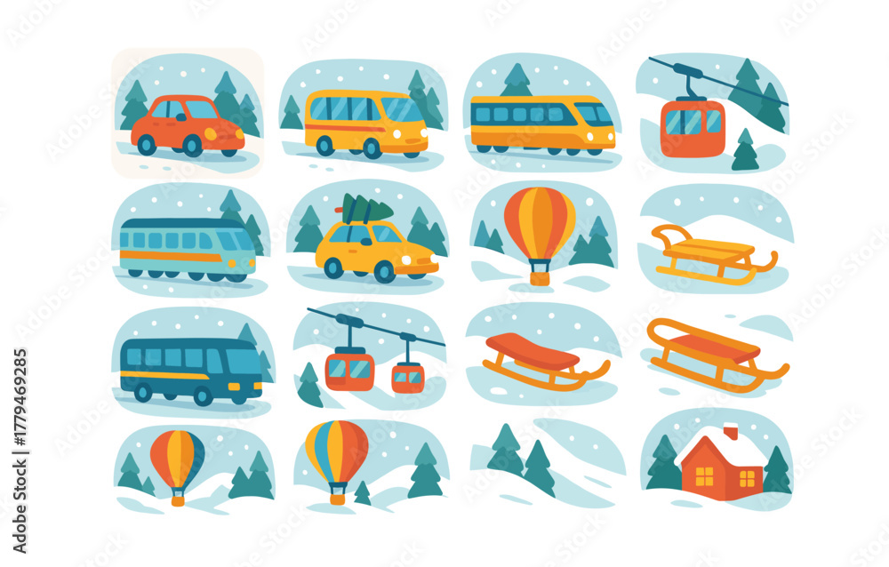 Naklejka premium Winter travel and transportation: cars, buses, trains, and hot air balloons in a snowy landscape