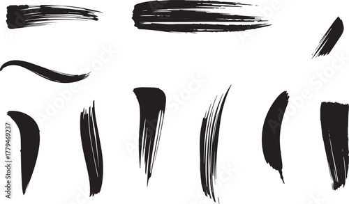 Brush set. Vector black paint brush spots, highlighter lines or felt-tip pen marker. Ink smudge abstract shape stains and smear set with texture	