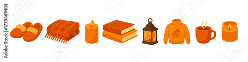 Cozy autumn icons with candles, books, and warm clothes in flat style
