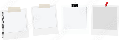 Realistic empty photo card frame, film set. Retro vintage photograph with transparent adhesive tape and paper clip. Digital snapshot image. Template or mockup for design. Vector illustration.