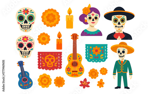 Colorful day of the dead celebration elements with sugar skulls and marigold flowers
