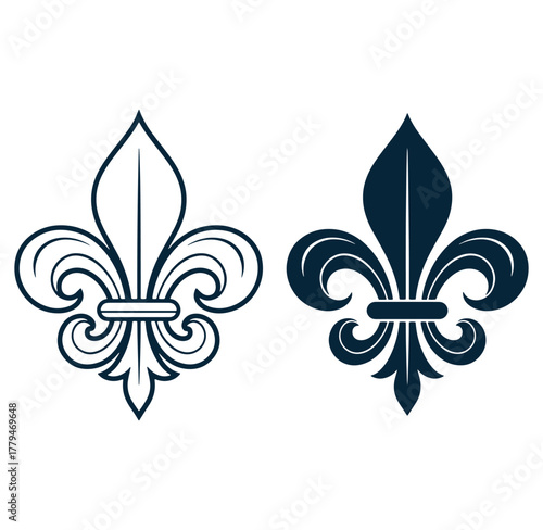 Elegant vector illustration of fleur de lis symbols in outlined and filled versions