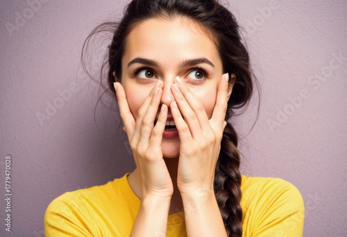 Wallpaper Mural Surprised woman covering her face with hands, expressing excitement and joy Torontodigital.ca