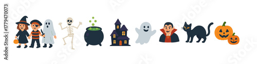 Halloween characters and icons set: witch, ghost, skeleton, and more in flat cartoon style