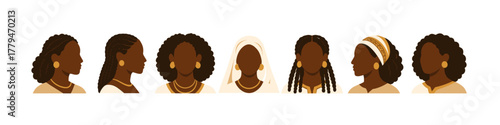 Diverse african hairstyles featuring elegant profiles of women in flat design