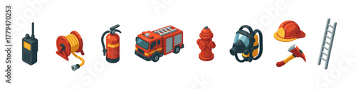 Firefighting equipment icons in modern isometric style