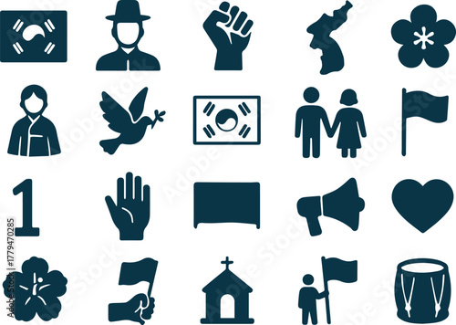 Set of south korea independence movement day icons isolated on white background
