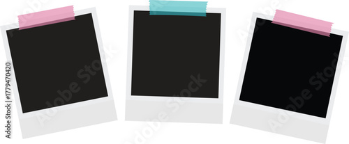 Realistic empty photo card frame, film set. Retro vintage photograph with transparent adhesive tape and paper clip. Digital snapshot image. Template or mockup for design. Vector illustration.