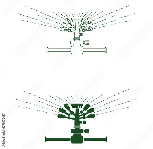 Green outline illustration of a garden irrigation sprinkler system with water jets displaying