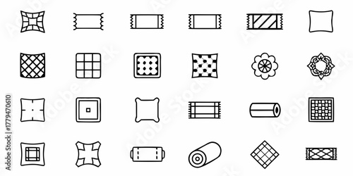 Collection of twenty four different designs of pillows rugs and mats in a simple black and white style