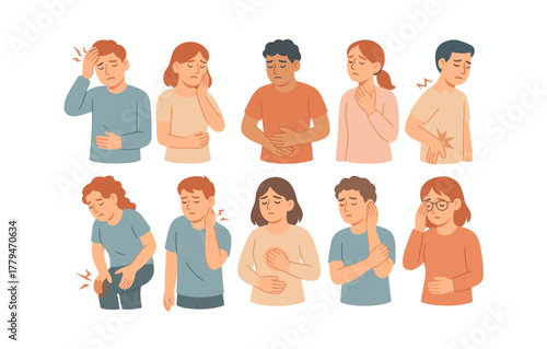 Diverse people illustrating common pain points in flat style