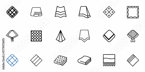 Collection of various cloth and fabric icons showing different shapes and textures in black and white