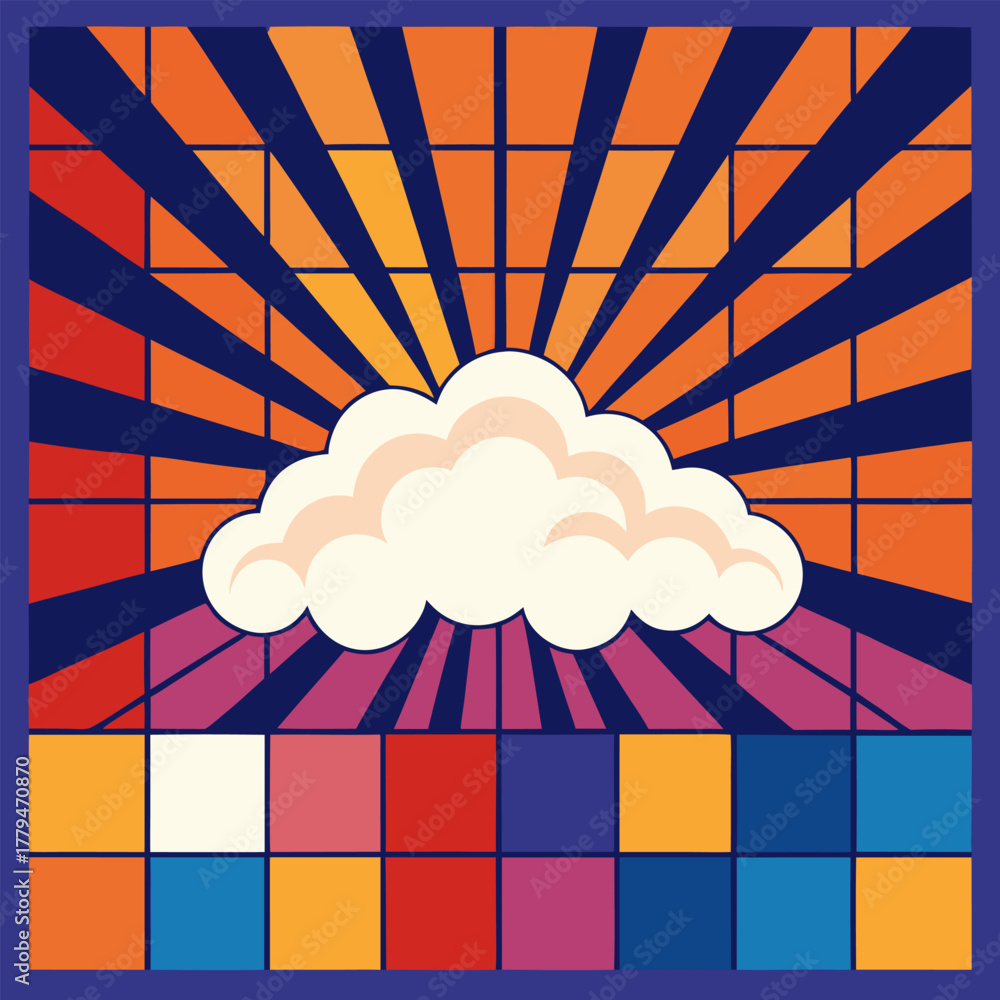 Retro cloudscape with colorful grid and sunburst pattern in a square frame