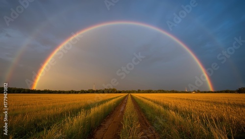 A vibrant double rainbow arches over a golden wheat field, creating a path to the horizon