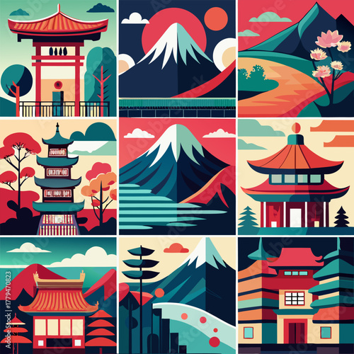 Colorful flat illustration of japanese landscapes with pagodas and mountains