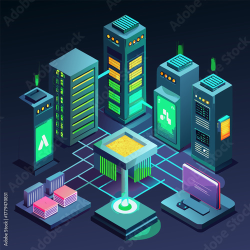 Isometric illustration of server room with data storage and network connections
