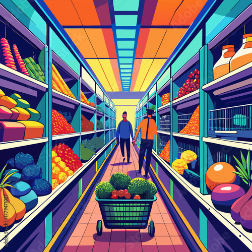 Vibrant supermarket aisle with shoppers and fresh produce on display shelves